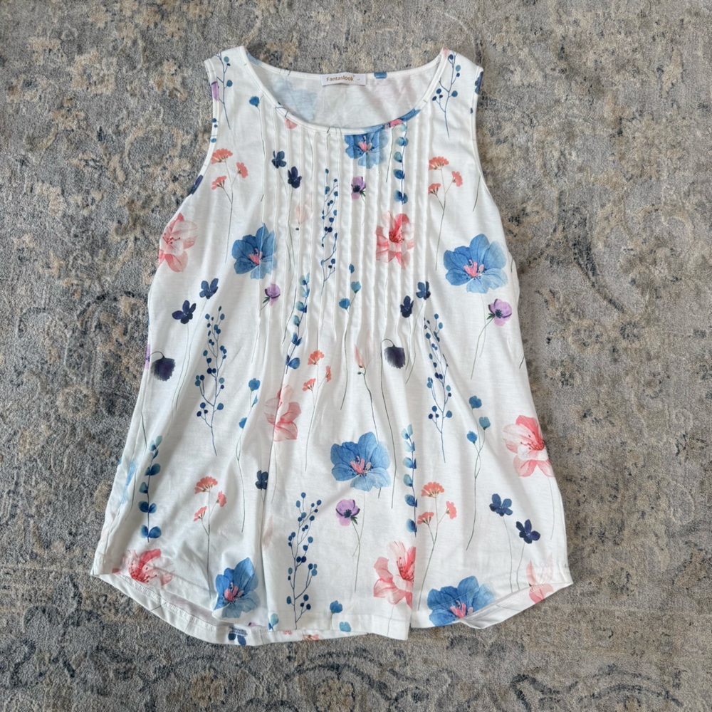 Sleeveless White Floral Tank Top with Blue & Pink Blooms